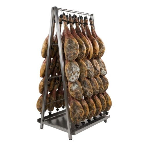 Expositor de jamones piramidal con jamones colgados en ganchos