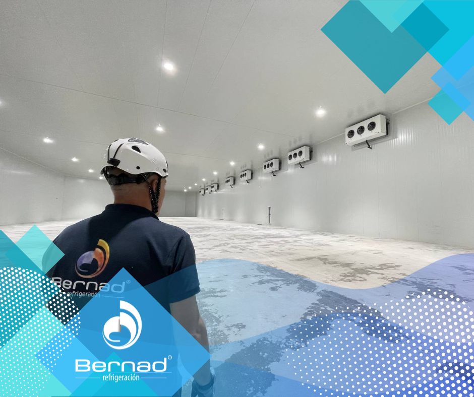 Operario de Bernad dentro de la cámara de congelación con evaporadores colgado en pared