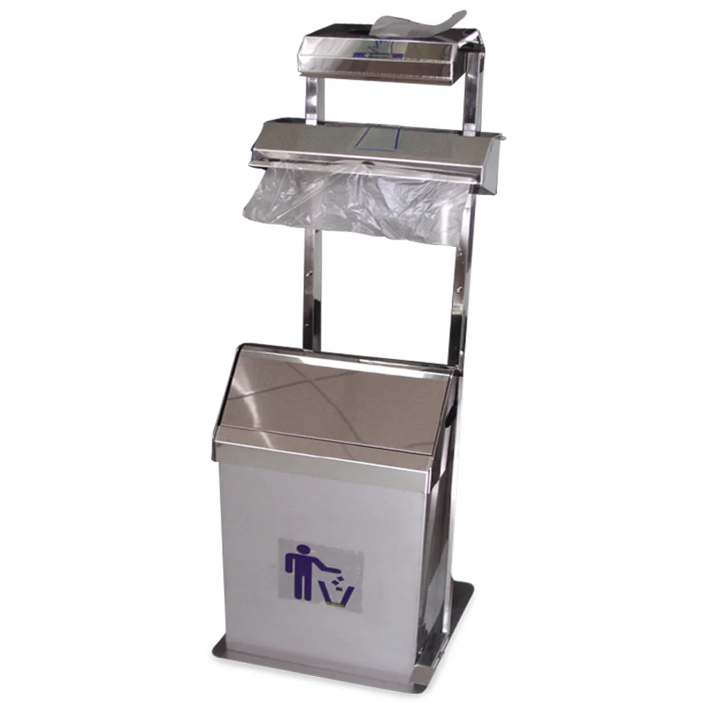 GLOVE AND BAG-ON-ROLL DISPENSER SET WITH PEDAL-OPERATED TILTING WASTE BIN