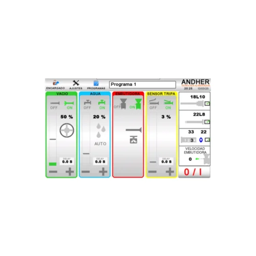 Andher SF-UNIT touch screen with vacuum, water, filler and casing sensor settings
