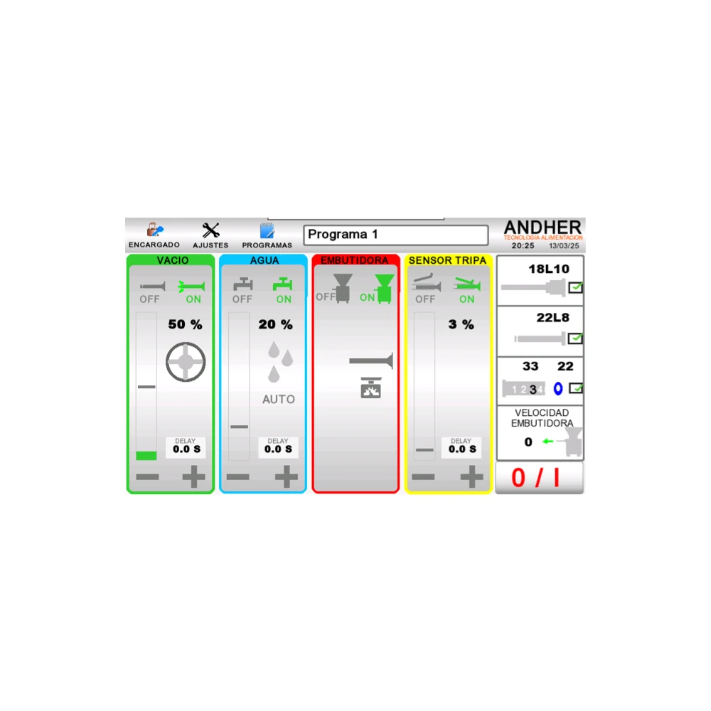 Andher SF-UNIT touch screen with vacuum, water, filler and casing sensor settings