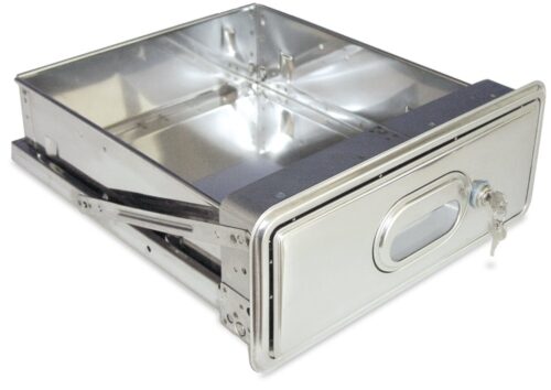 Cajón inox con cerradura acoplado a estantería inox de ancho 600 mm Fricosmos