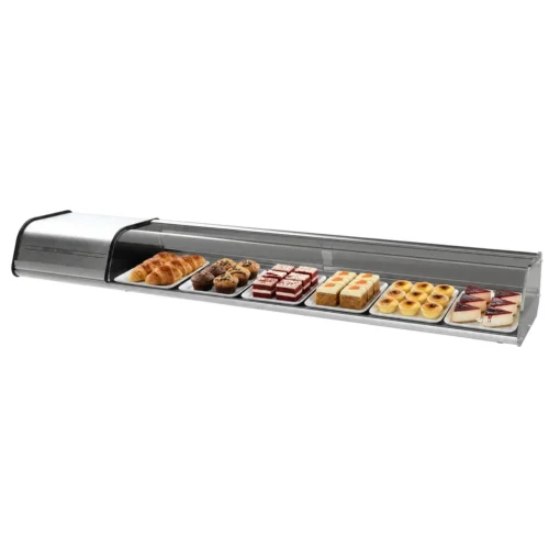 Infrico VEP 8 P refrigerated countertop display case with desserts on display