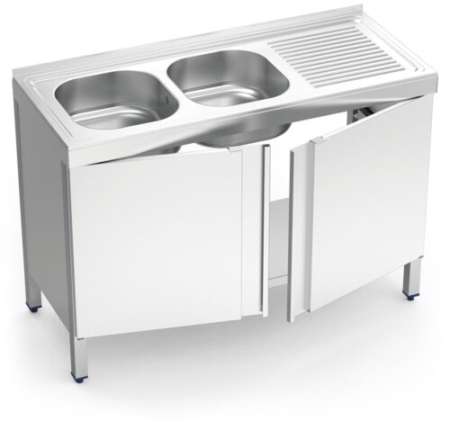 Fregadero inox con puertas abatibles serie 500 2 cubetas 1 escurridor derecha Fricosmos 1200x500 mm