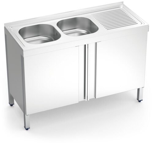 Fregadero inox con puertas abatibles serie 500 2 cubetas 1 escurridor derecha Fricosmos 1200x500 mm