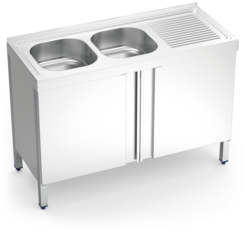 Fregadero inox con puertas abatibles serie 500 2 cubetas 1 escurridor derecha Fricosmos 1200x500 mm