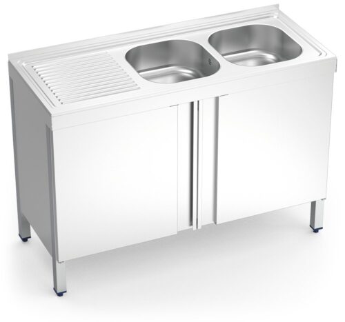 Fregadero inox con puertas abatibles serie 500 2 cubetas 1 escurridor izquierda Fricosmos 1200x500 mm