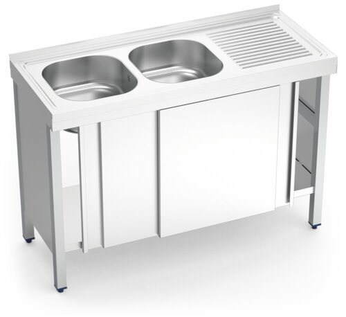 Fregadero inox con puertas correderas serie 500 2 cubetas 1 escurridor derecha Fricosmos 1200x500 mm