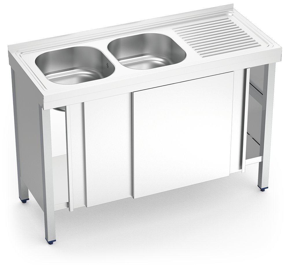 Fregadero inox con puertas correderas serie 500 2 cubetas 1 escurridor derecha Fricosmos 1200x500 mm