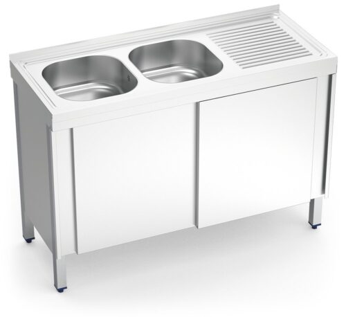 Fregadero inox con puertas correderas serie 500 2 cubetas 1 escurridor derecha Fricosmos 1200x500 mm