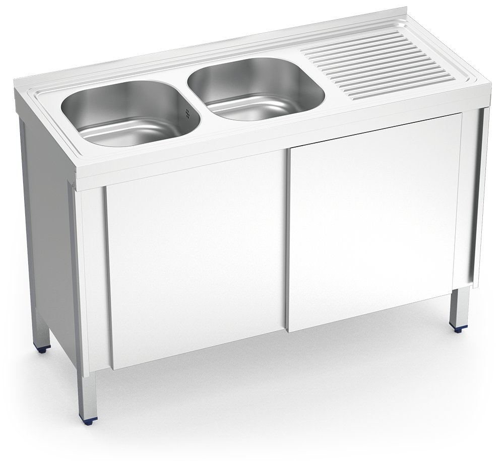 Fregadero inox con puertas correderas serie 500 2 cubetas 1 escurridor derecha Fricosmos 1200x500 mm