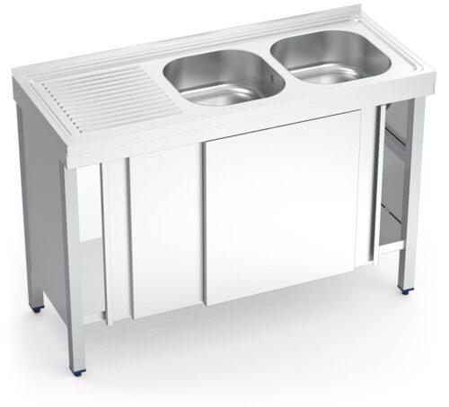 Fregadero inox con puertas correderas serie 500 2 cubetas 1 escurridor izquierda Fricosmos 1200x500 mm