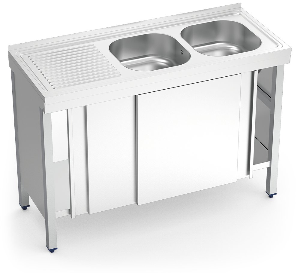Fregadero inox con puertas correderas serie 500 2 cubetas 1 escurridor izquierda Fricosmos 1200x500 mm