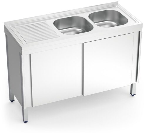 Fregadero inox con puertas correderas serie 500 2 cubetas 1 escurridor izquierda Fricosmos 1200x500 mm