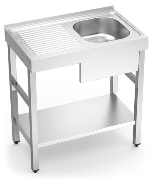 Fregadero inox con soporte con entrepaño serie 500 1 cubeta 1 escurridor izquierda faldón parcial Fricosmos 800x500 mm