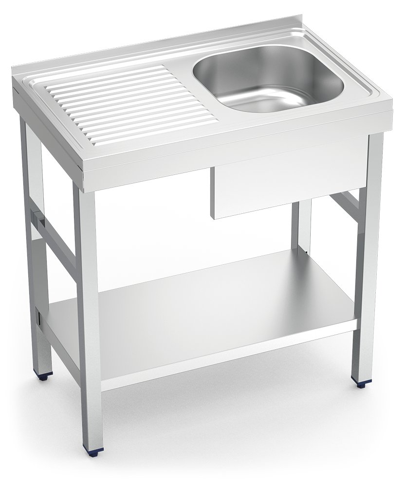 Fregadero inox con soporte con entrepaño serie 500 1 cubeta 1 escurridor izquierda faldón parcial Fricosmos 800x500 mm
