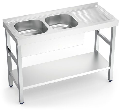 Fregadero inox con soporte con entrepaño serie 500 2 cubetas 1 escurridor derecha faldón parcial Fricosmos 1200x500 mm