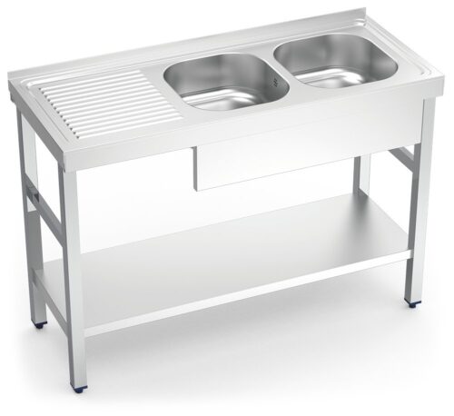 Fregadero inox con soporte con entrepaño serie 500 2 cubetas 1 escurridor izquierda faldón parcial Fricosmos 1200x500 mm