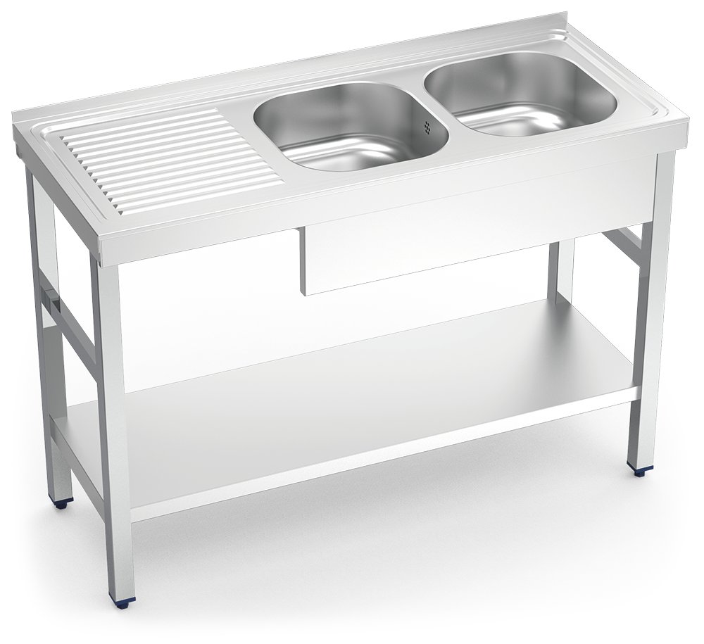 Fregadero inox con soporte con entrepaño serie 500 2 cubetas 1 escurridor izquierda faldón parcial Fricosmos 1200x500 mm