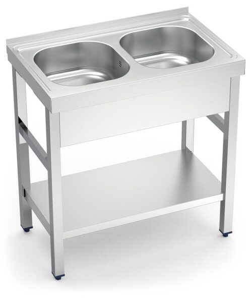 Fregadero inox con soporte con entrepaño serie 500 2 cubetas faldón completo Fricosmos 800x500 mm