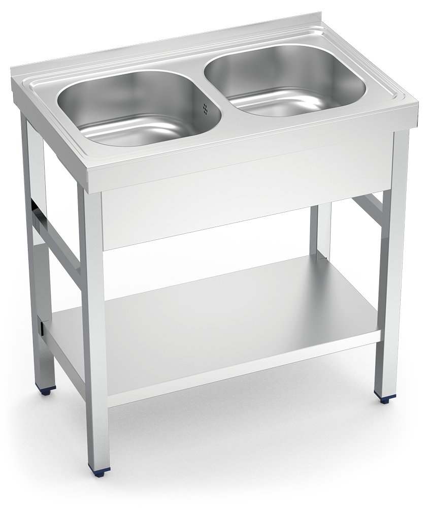 Fregadero inox con soporte con entrepaño serie 500 2 cubetas faldón completo Fricosmos 800x500 mm