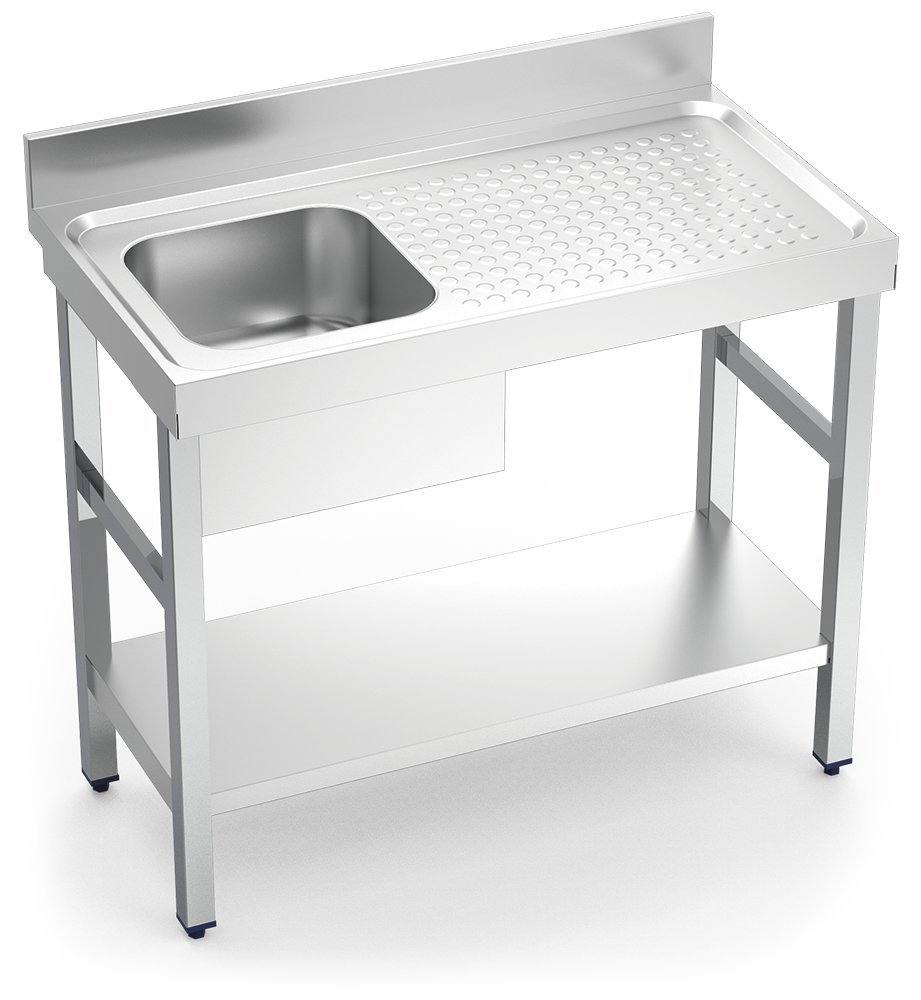 Fregadero inox con soporte con entrepaño serie 550 1 cubeta 1 escurridor derecha faldón parcial Fricosmos 1000x550 mm