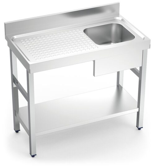 Fregadero inox con soporte con entrepaño serie 550 1 cubeta 1 escurridor izquierda faldón parcial Fricosmos 1000x550 mm