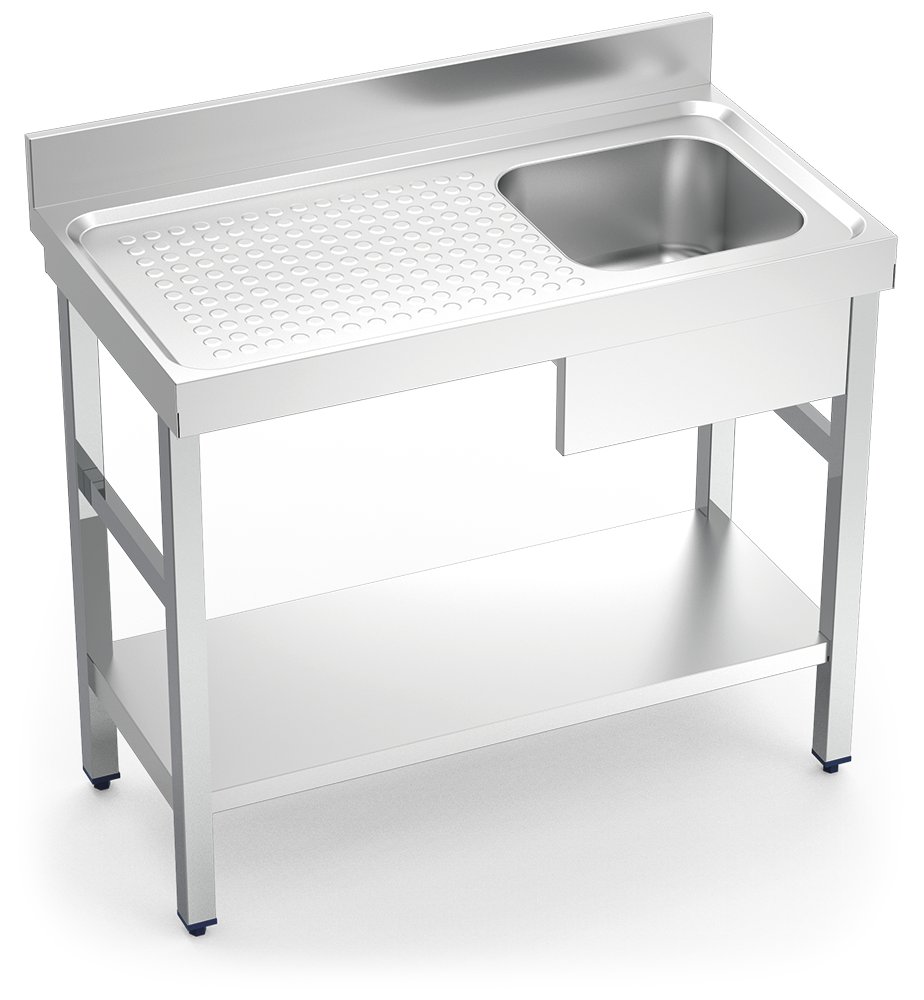 Fregadero inox con soporte con entrepaño serie 550 1 cubeta 1 escurridor izquierda faldón parcial Fricosmos 1000x550 mm