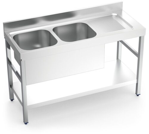 Fregadero inox con soporte con entrepaño serie 550 2 cubetas 1 escurridor derecha faldón parcial Fricosmos 1400x550 mm