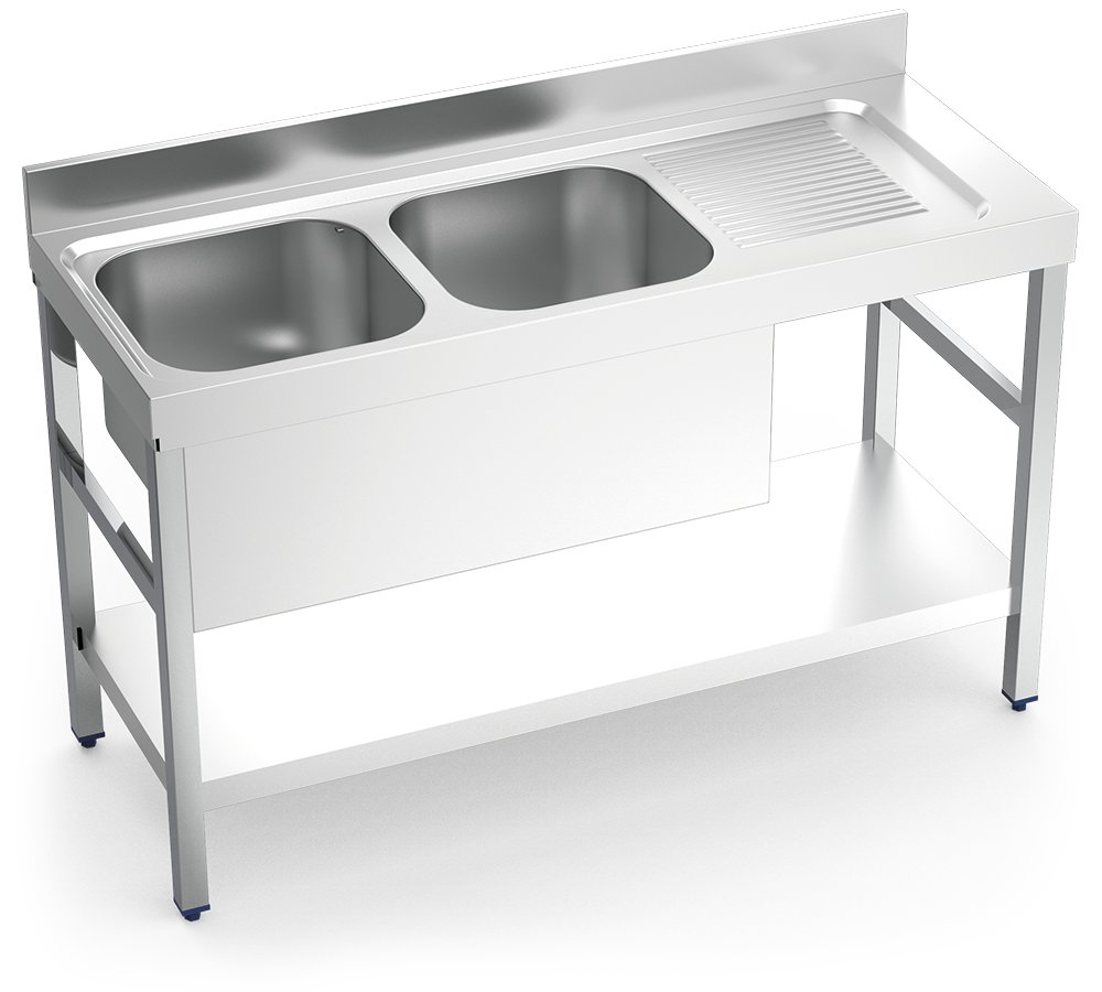 Fregadero inox con soporte con entrepaño serie 550 2 cubetas 1 escurridor derecha faldón parcial Fricosmos 1400x550 mm