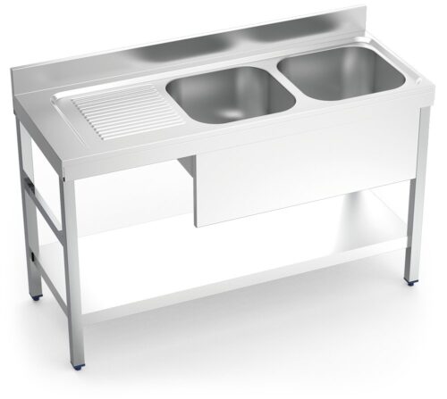Fregadero inox con soporte con entrepaño serie 550 2 cubetas 1 escurridor izquierda faldón parcial Fricosmos 1400x550 mm