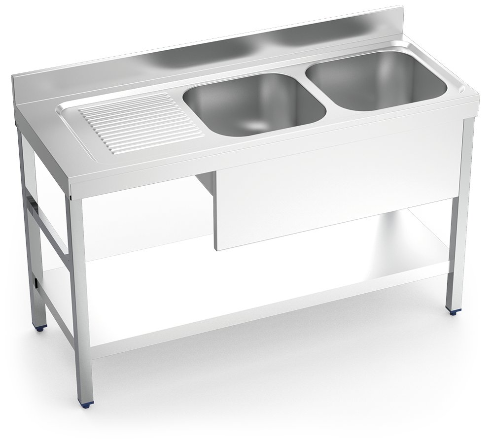 Fregadero inox con soporte con entrepaño serie 550 2 cubetas 1 escurridor izquierda faldón parcial Fricosmos 1400x550 mm