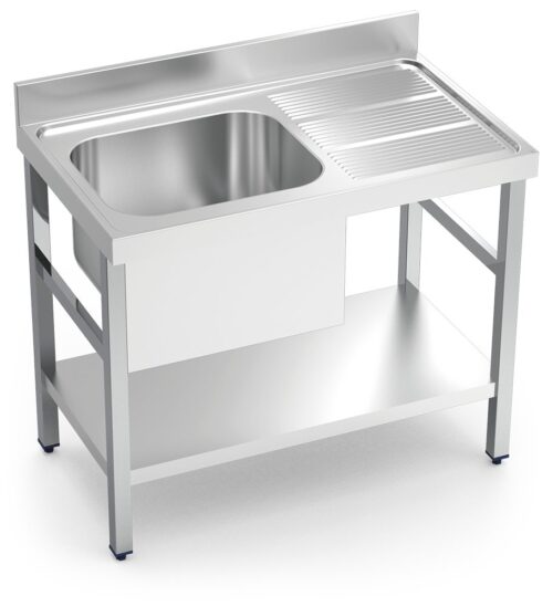 Fregadero inox con soporte con entrepaño serie 600 1 cubeta 1 escurridor derecha faldón parcial Fricosmos 1000x600 mm