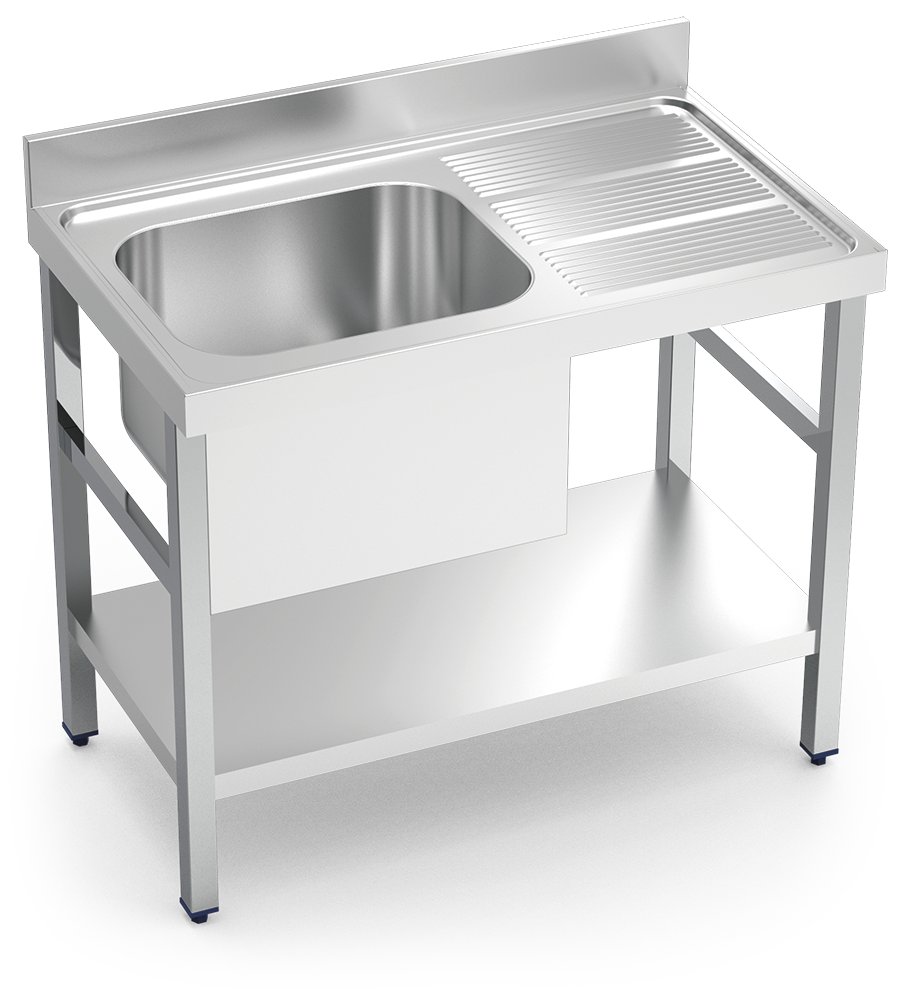 Fregadero inox con soporte con entrepaño serie 600 1 cubeta 1 escurridor derecha faldón parcial Fricosmos 1000x600 mm