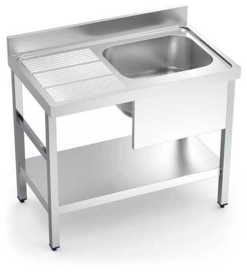 Fregadero inox con soporte con entrepaño serie 600 1 cubeta 1 escurridor izquierda faldón parcial Fricosmos 1000x600 mm