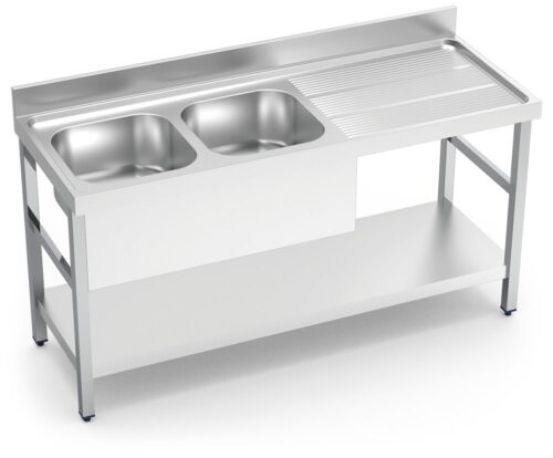 Fregadero inox con soporte con entrepaño serie 600 2 cubetas 1 escurridor derecha faldón parcial Fricosmos 1400x600 mm