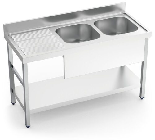 Fregadero inox con soporte con entrepaño serie 600 2 cubetas 1 escurridor izquierda faldón parcial Fricosmos 1400x600 mm