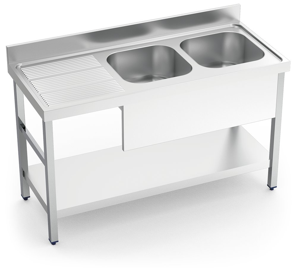 Fregadero inox con soporte con entrepaño serie 600 2 cubetas 1 escurridor izquierda faldón parcial Fricosmos 1400x600 mm