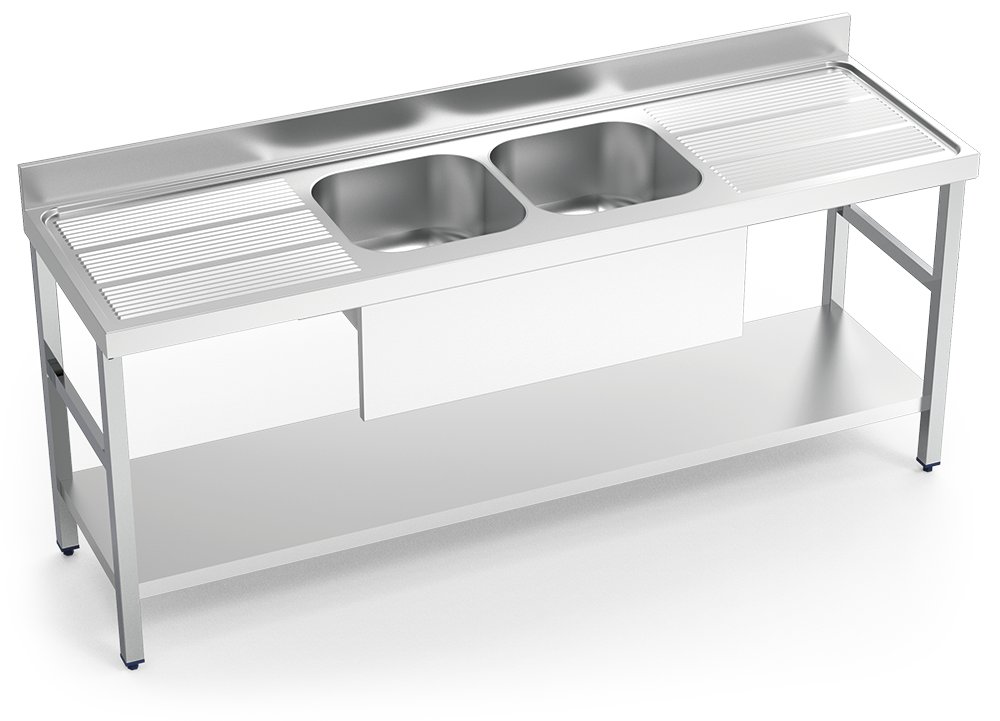 Fregadero inox con soporte con entrepaño serie 600 2 cubetas 2 escurridores faldón parcial Fricosmos 2000x600 mm