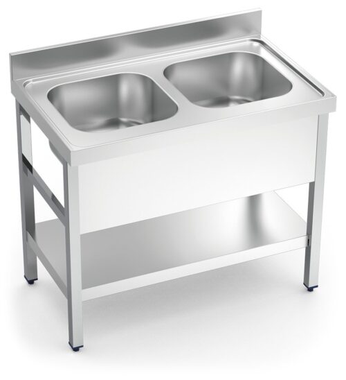 Fregadero inox con soporte con entrepaño serie 600 2 cubetas con faldón completo Fricosmos 1000x600 mm