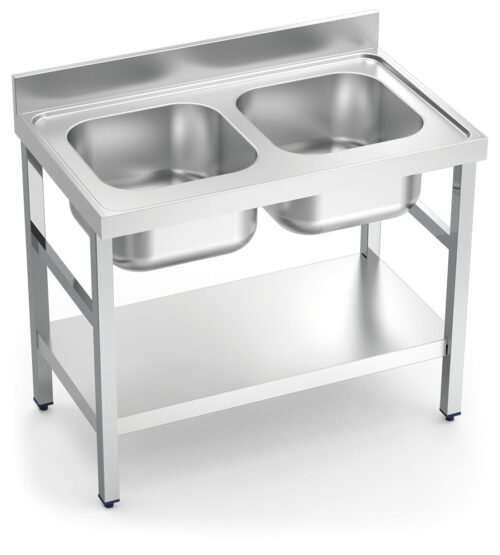 Fregadero inox con soporte con entrepaño serie 600 2 cubetas Fricosmos 1400x600 mm