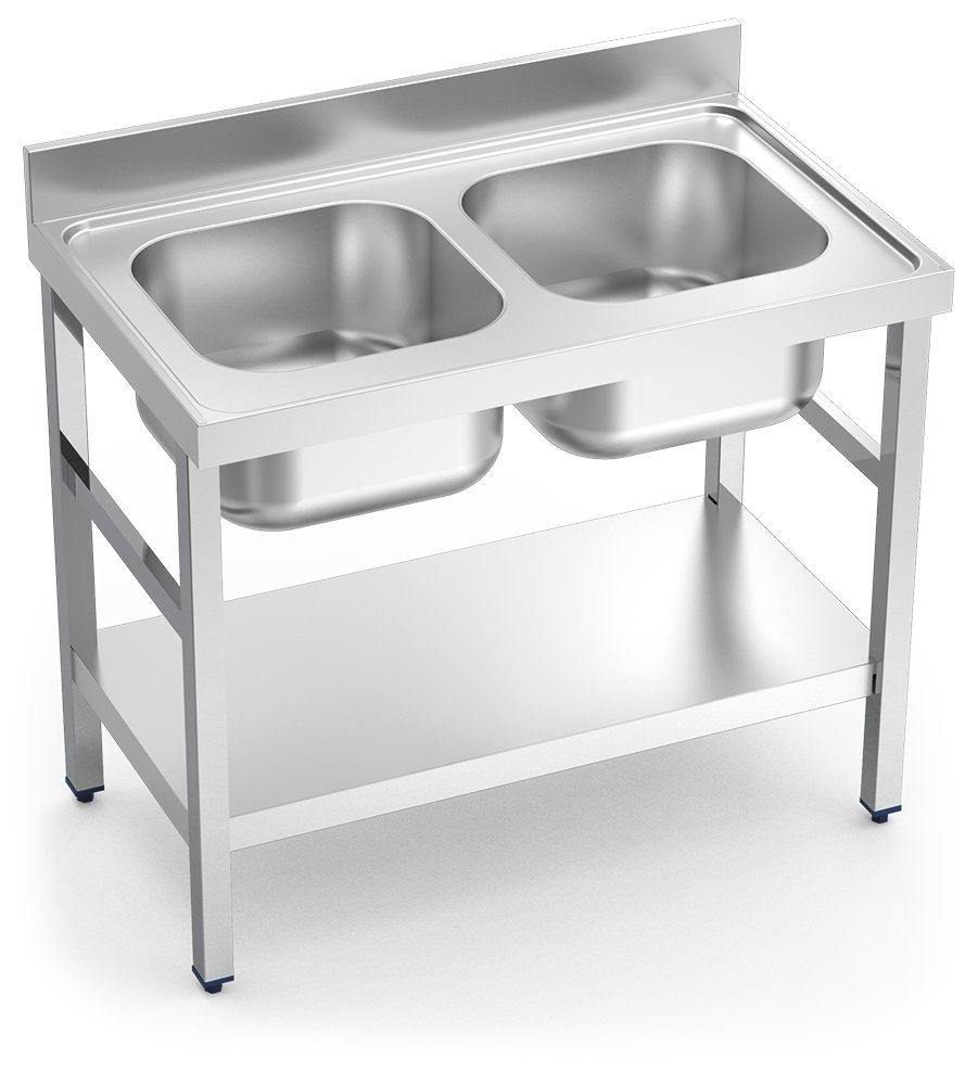 Fregadero inox con soporte con entrepaño serie 600 2 cubetas Fricosmos 1400x600 mm