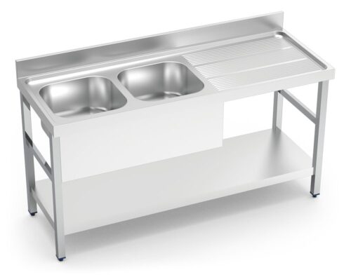 Fregadero inox con soporte con entrepaño serie 700 2 cubetas 1 escurridor derecha faldón parcial Fricosmos 2000x700 mm