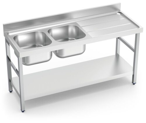 Fregadero inox con soporte con entrepaño serie 700 2 cubetas 1 escurridor derecha Fricosmos 1400x700 mm