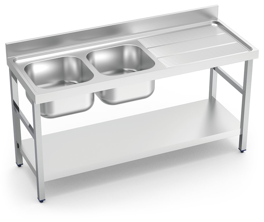 Fregadero inox con soporte con entrepaño serie 700 2 cubetas 1 escurridor derecha Fricosmos 1400x700 mm