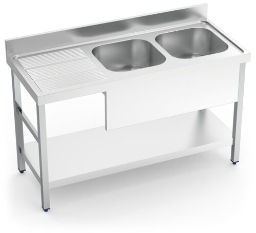 Fregadero inox con soporte con entrepaño serie 700 2 cubetas 1 escurridor izquierda faldón parcial Fricosmos 1400x700 mm