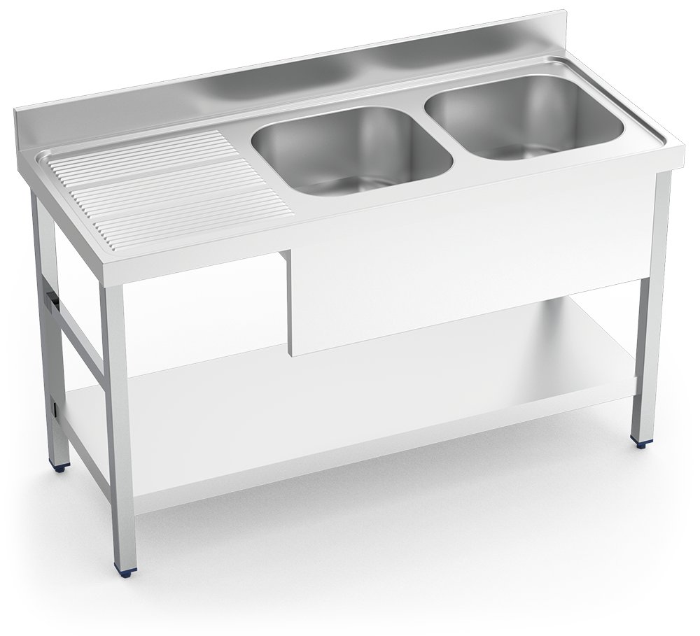 Fregadero inox con soporte con entrepaño serie 700 2 cubetas 1 escurridor izquierda faldón parcial Fricosmos 1400x700 mm