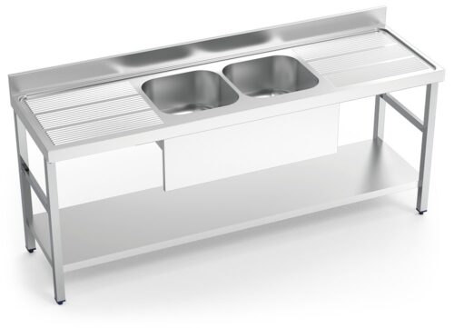 Fregadero inox con soporte con entrepaño serie 700 2 cubetas 2 escurridores faldón parcial Fricosmos 2000x700 mm
