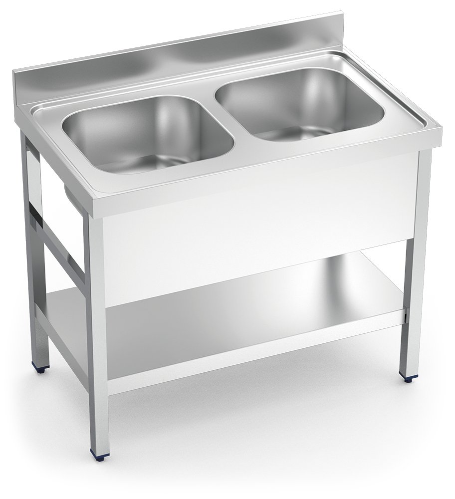 Fregadero inox con soporte con entrepaño serie 700 2 cubetas faldón completo Fricosmos 1200x700 mm