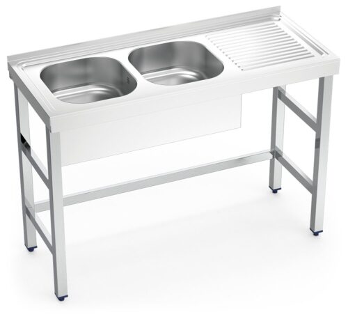 Fregadero inox con soporte sin entrepaño serie 500 2 cubetas 1 escurridor derecha faldón parcial Fricosmos 1200x500 mm